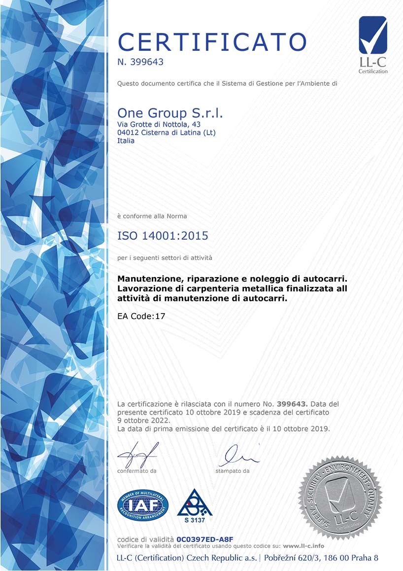 Certificato 14001 | One Group Srl - Cisterna di Latina